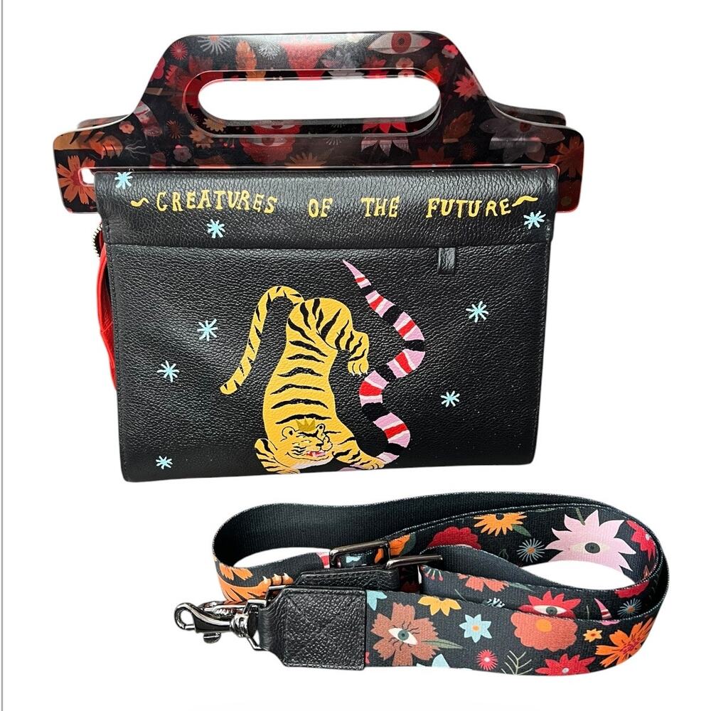 Min & Mon Vali Black Leather Crossbody Handbag Plastic Handle Tiger & Snake